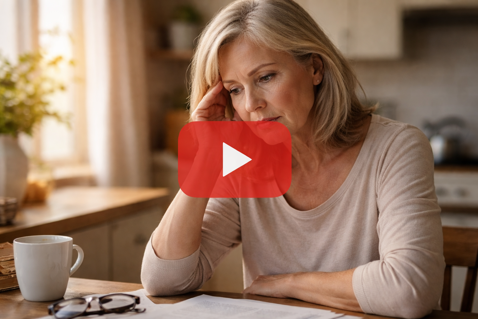 Older woman at kitchen table struggling to remember something