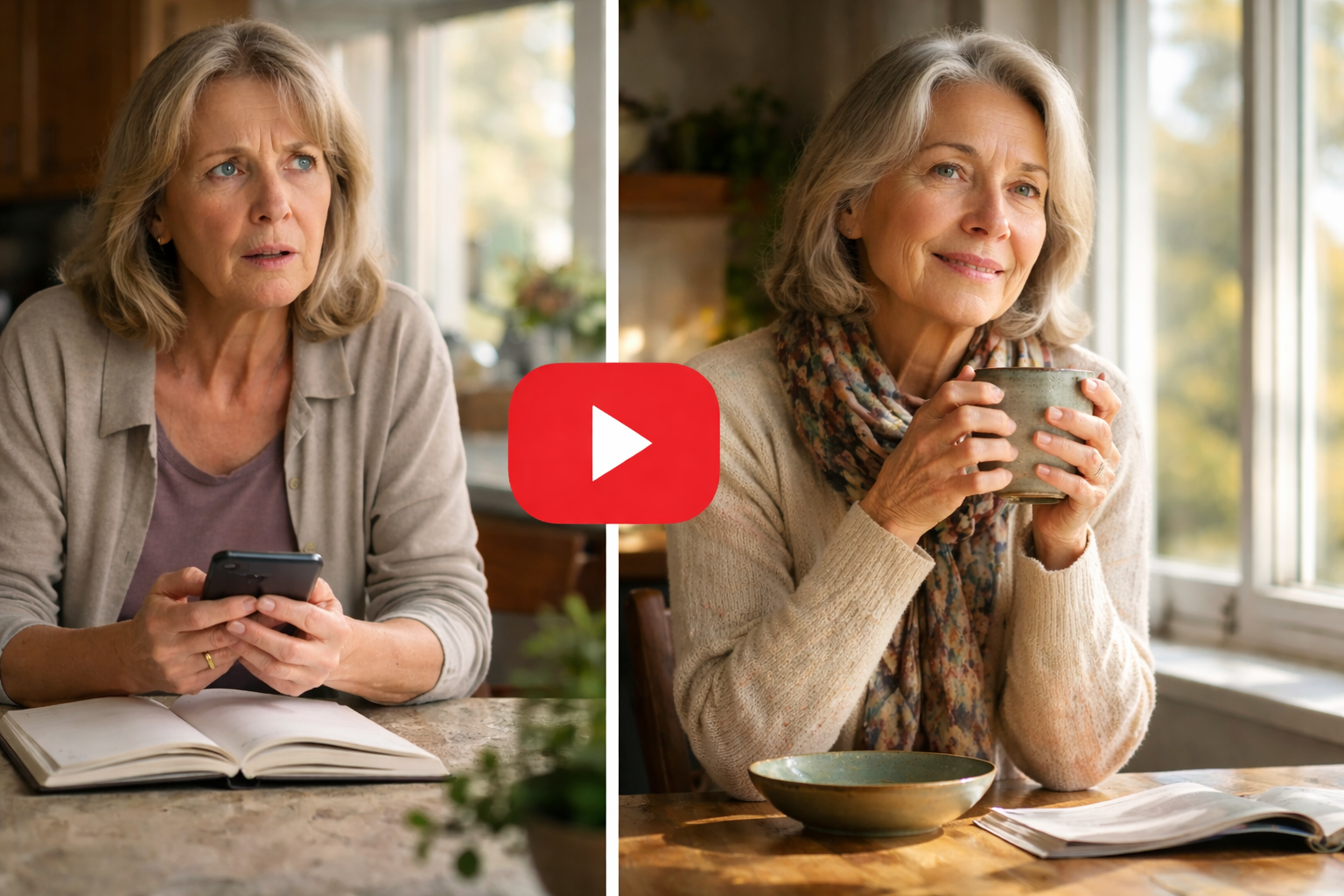Older woman experiencing memory difficulties and later feeling calm and mentally clear at home